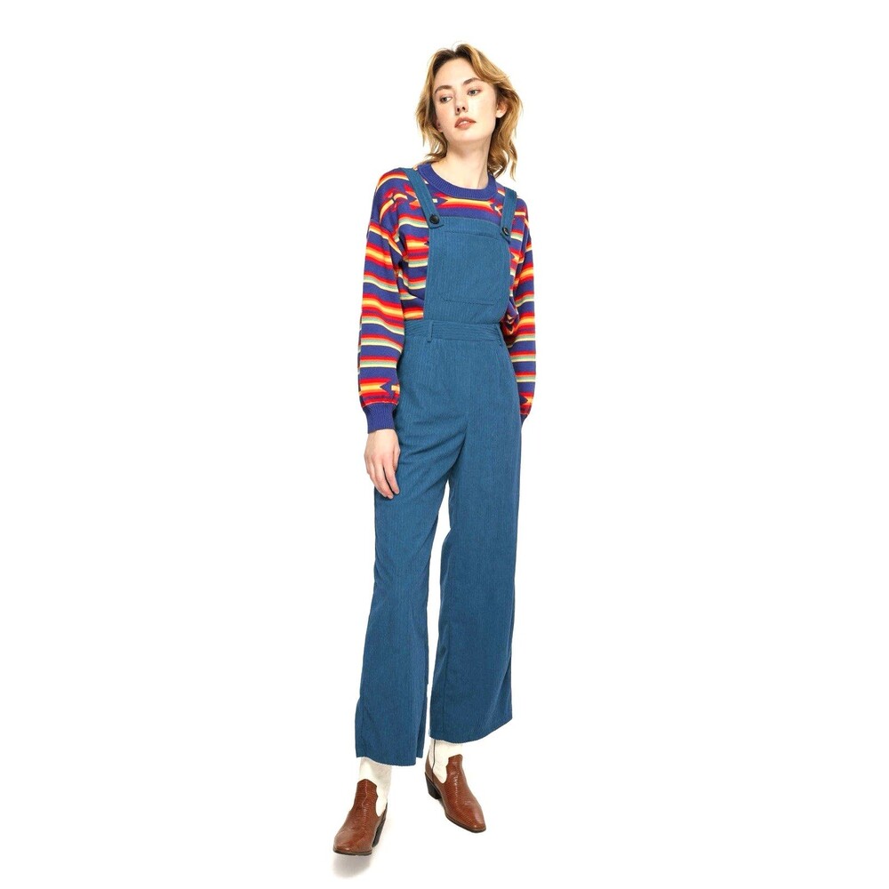 Cider Blue Denim-Look Wide Leg Overall Jumpsuit with Multicolor Striped Top